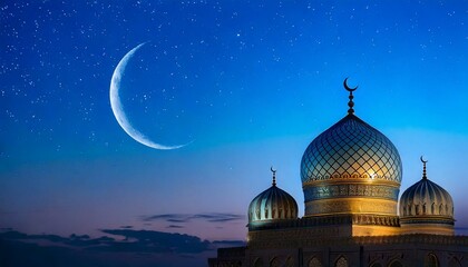 Obraz premium mosque, islam, crescent, moon, dome, twilight, sky, night, religion, architecture, silhouette, prayer, spiritual, peaceful, minaret, skyline, faith, sacred, muslim, evening, blue, dark, serene, sunset