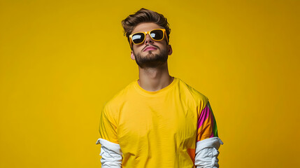Portrait of a Stylish Young Man in Yellow T-Shirt and Sunglasses Against Vibrant Yellow Backdrop in a Studio Setting with Cool Attitude and Trendy