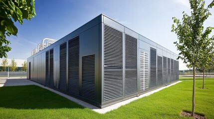 Obraz premium Exterior shot of a data center with massive HVAC cooling units along the walls, ensuring server safety
