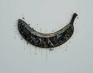 Abstract Banana Artwork in Dark with Gold Accents on White Background