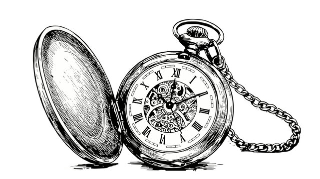 Hand-Drawn Vintage Pocket Watch with Detailed Gears   - Powered by Adobe