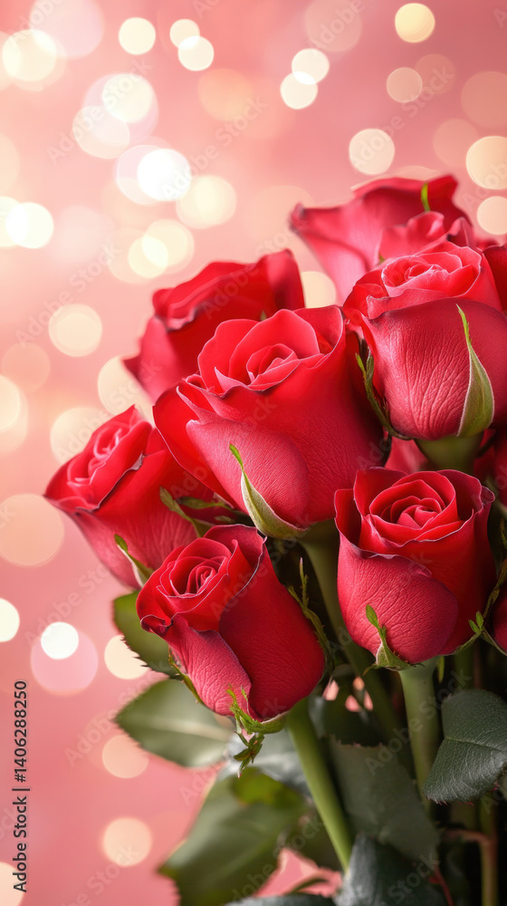 Poster a bouquet of red roses is displayed on a pink background. the roses are arranged in a way that they 
