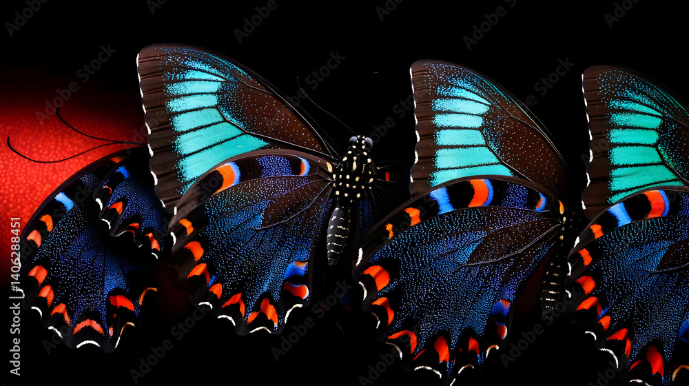 Poster three vibrant blue morpho butterflies with iridescent wings and intricate patterns on a dark backgro