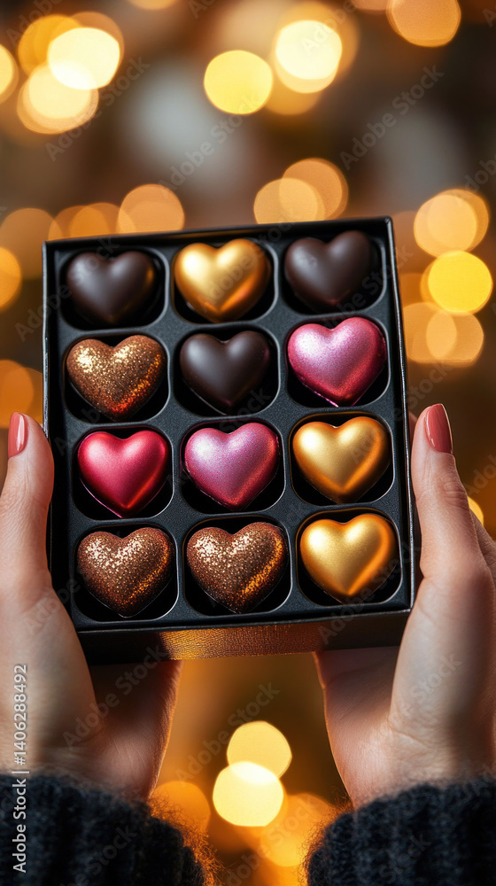 Poster a person is holding a box of assorted chocolates with hearts on them. the box is black and contains 