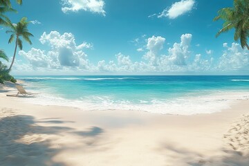 Turquoise ocean meets white sand. Palm trees frame a peaceful tropical paradise under bright sky