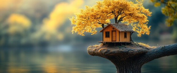 Quaint wooden house perched on branch near reflective waters, bathed in golden light. Dreamy escape