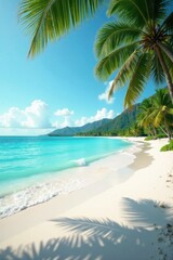 Softly glowing turquoise ocean wave on white sandy beach with palm trees, serenity, calming, natural