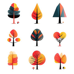Obraz premium illustrations of various trees, leaves, grasses, and botanical elements on white background.