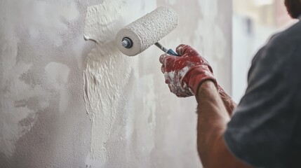 Painter applying primer on a wall in a bedroom. Featuring home painting