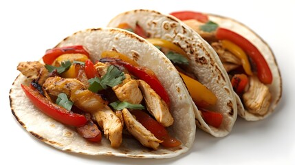 Three delicious chicken fajita tacos with grilled peppers and onions are artfully arranged on a white background for a food photography image.