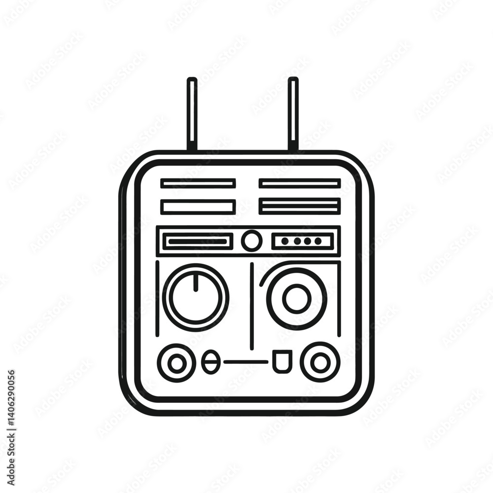Poster line art outline of boxy control panel with dials on transparent background
