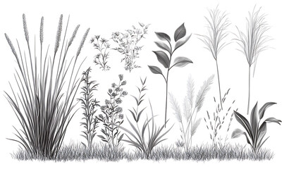 illustrations of various trees, leaves, grasses, and botanical elements on white background.