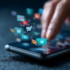 Finger interacts with shopping cart icons on a phone screen