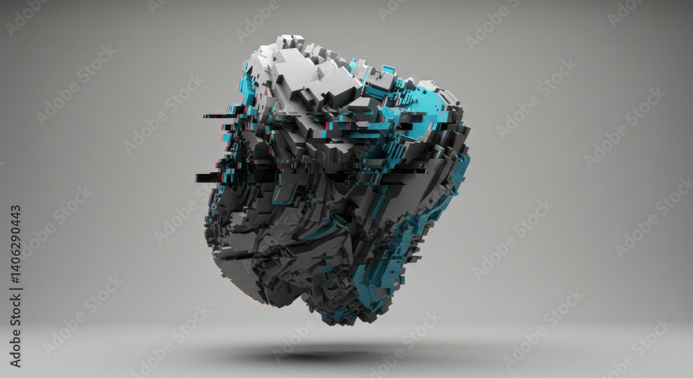 Poster abstract 3d render of a complex geometric structure with gray and teal cubical forms