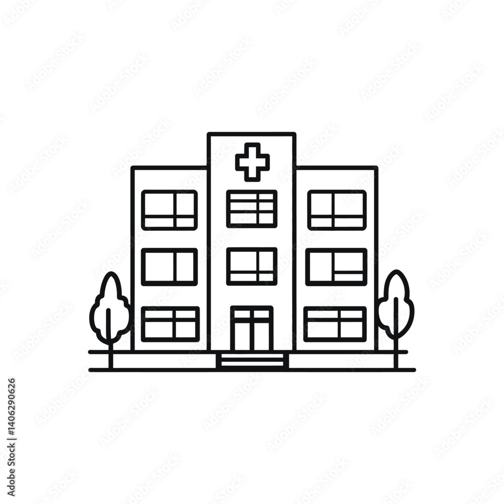 Poster linear facade building with cross symbol and trees outline on transparent