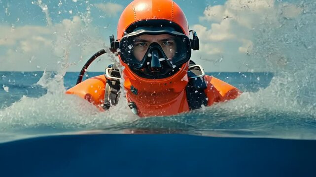 Professional diver in the ocean with full gear, safety helmet, and orange protective suit swimming on the surface