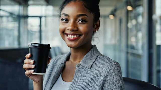 Smiling professional woman holds a coffee cup in a bright modern office space, looking at camera