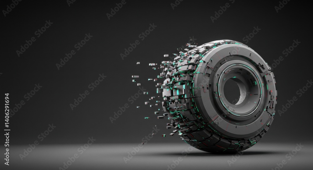 Poster futuristic tire disintegration: a 3d render of a grey tire exploding into digital fragments against 