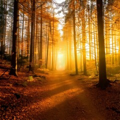 Obraz premium path through a golden forest at sunrise with fog and warm light