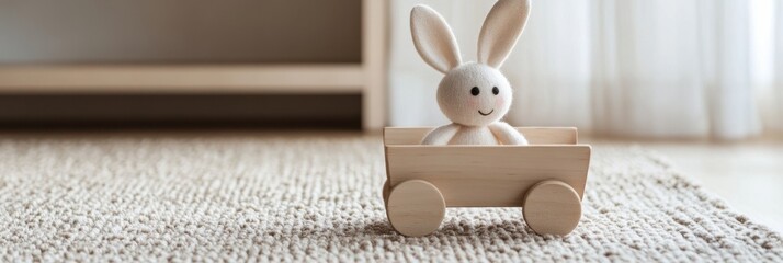 Soft bunny toy in a wooden cart resting on a beige rug in a serene childs play area