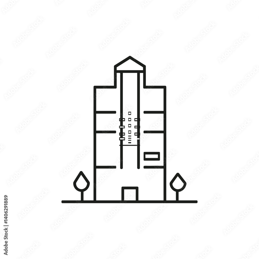 Poster minimalist building outline with trees icon in line art style on transparent background
