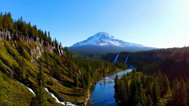 Vue panoramique d&rsquo;une montagne enneig&eacute;e et for&ecirc;t luxuriante