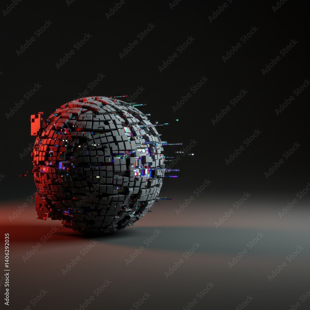 Poster abstract 3d render of a glitching cube sphere digital art, futuristic technology concept