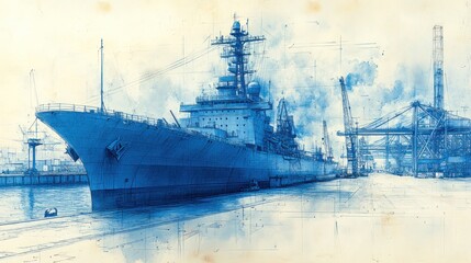 Majestic Warship Docked at a Busy Port: A Blue Hue Masterpiece