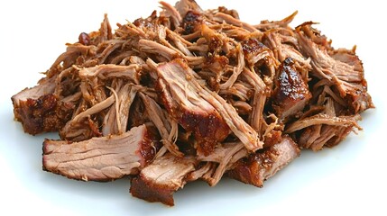 Obraz premium A delicious pile of shredded pulled pork meat rests on a white surface ready to be enjoyed as a tasty meal.
