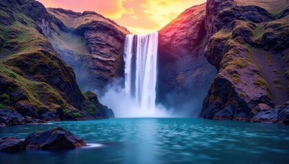 Waterfall on rocky cliff with gradient colors, nature, landscape