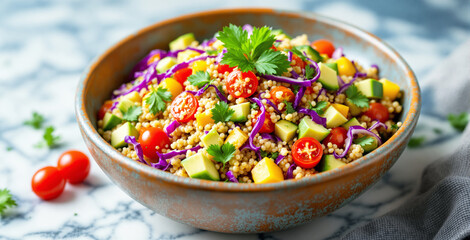 Fresh couscous salad with vegetables and herbs in rustic bowl, realistic photography style, on marble background, concept of healthy vegetarian food. Ai generative