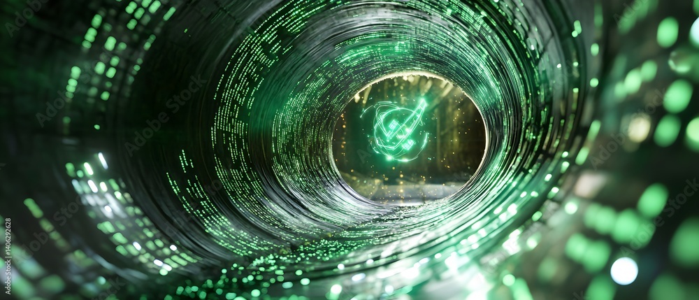 Aufkleber a futuristic tunnel with digital patterns and a glowing eye-like symbol at the end