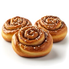 Three golden brown cinnamon rolls with sweet glaze and sugar topping sit on a white background perfect for baking blogs and websites.