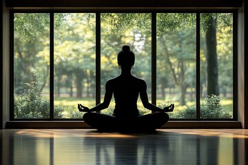 Meditating silhouette with nature view