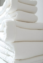 stack of folded white towels sitting on top of a table