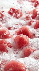 Fototapeta premium Red fruit cubes floating in water refreshing ingredient close up