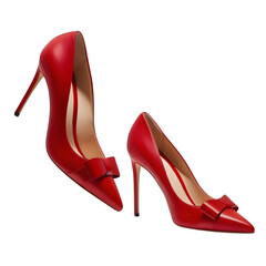 Bright red women's high heels with a stylish front bow ornament. Elegant and eye-catching design, perfect for fashion or product display. Transparent isolated background for versatile use.