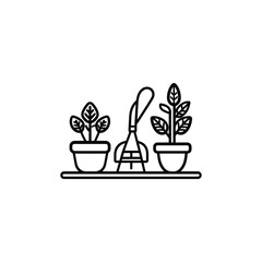 Minimalist Outline Potted Plants and Garden Hand Tiller on Transparent Background