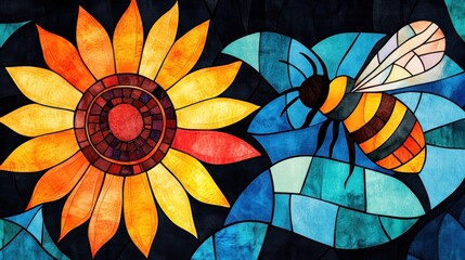 High-res stained glass sunflower and bee in watercolor, black background, clean vibrant clipart style, 8k resolution