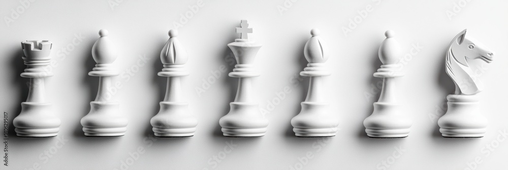 Poster clean layout of black and white chess pieces on a white board highlights strategic game setup with c
