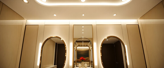 bathroom with two mirrors and lights above it