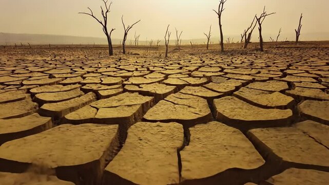 Parched landscape with cracked earth and bare trees indicating drought conditions and climate change effects