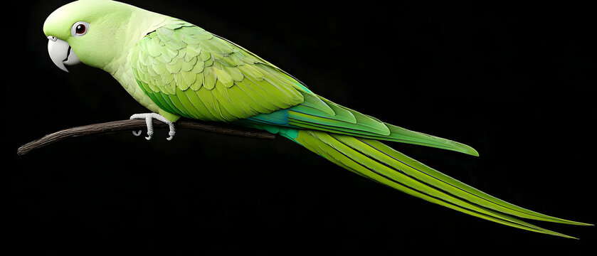 Vibrant Green Parrot Perched On A Branch Against A Dark Background In A Studio Setting With Detailed Plumage