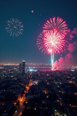 Midnight fireworks exploding in the sky over a New Year's Eve cityscape, new year, dark