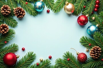 Evergreen branches with pinecones and ornaments, festive atmosphere, winter wonderland, holiday decoration