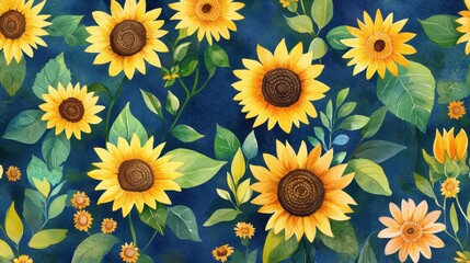 Obraz premium Lush botanical watercolor artwork of tightly packed sunflowers, detailed petals and foliage, clean high-res design 