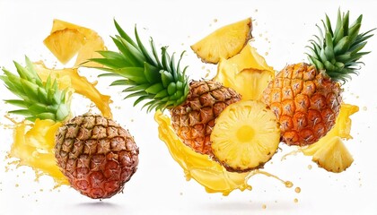  Set with different Flying in air fresh ripe whole and cut baby Pineapple with slices, leaves.