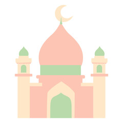 Pastel colored mosque illustration with crescent moon symbol. Perfect for Ramadan, Eid, or Islamic design projects. Represents peace, spirituality, and a holy place for Muslim prayer.