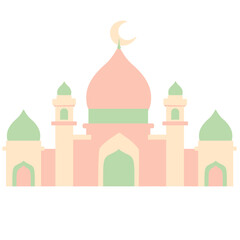 Pastel colored mosque illustration with crescent moon symbol. Perfect for Ramadan, Eid, or Islamic design projects. Represents peace, spirituality, and a holy place for Muslim prayer.