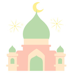 Pastel colored mosque illustration with crescent moon symbol. Perfect for Ramadan, Eid, or Islamic design projects. Represents peace, spirituality, and a holy place for Muslim prayer.